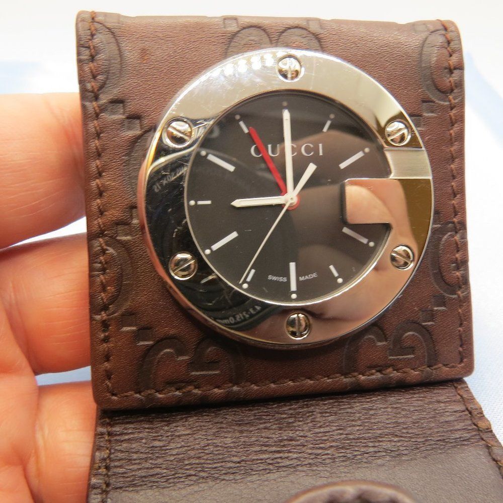 Gucci Limited Edition Brown Calf-Skin Leather Travel Desk Alarm Clock